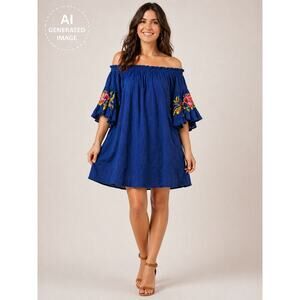 Feathers Blue Off Shoulder Embroidered Boho Peasant Dress 1X